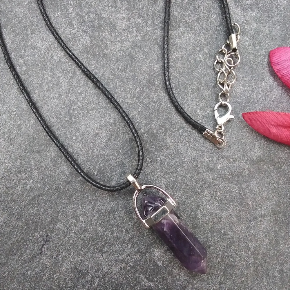 Amethyst Gemstone Pendant& Cord Necklace. 20-22”